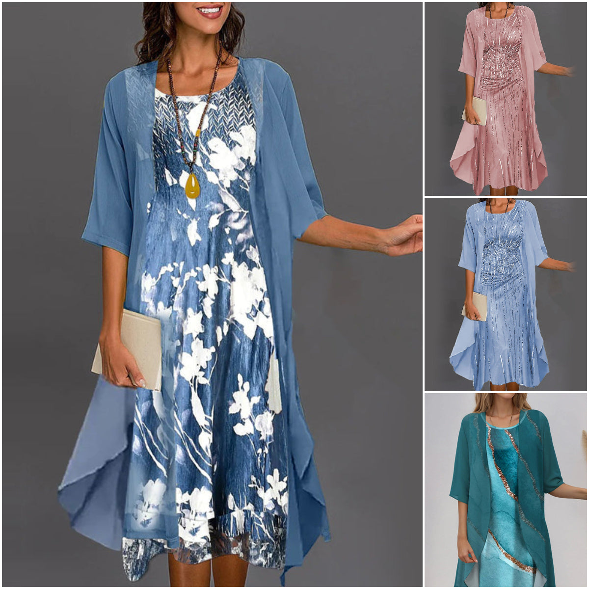 Eleny - Elegant two-piece floral chiffon dress set