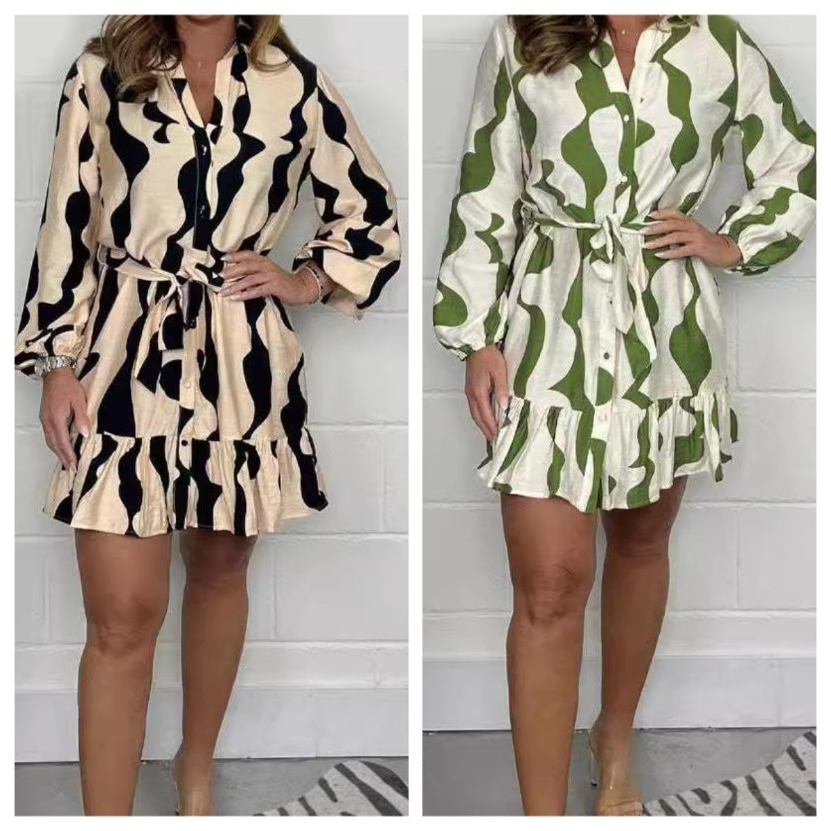 Perlina - Irregular Stripe Shirt Dress with Lapel Collar and Tie Belt