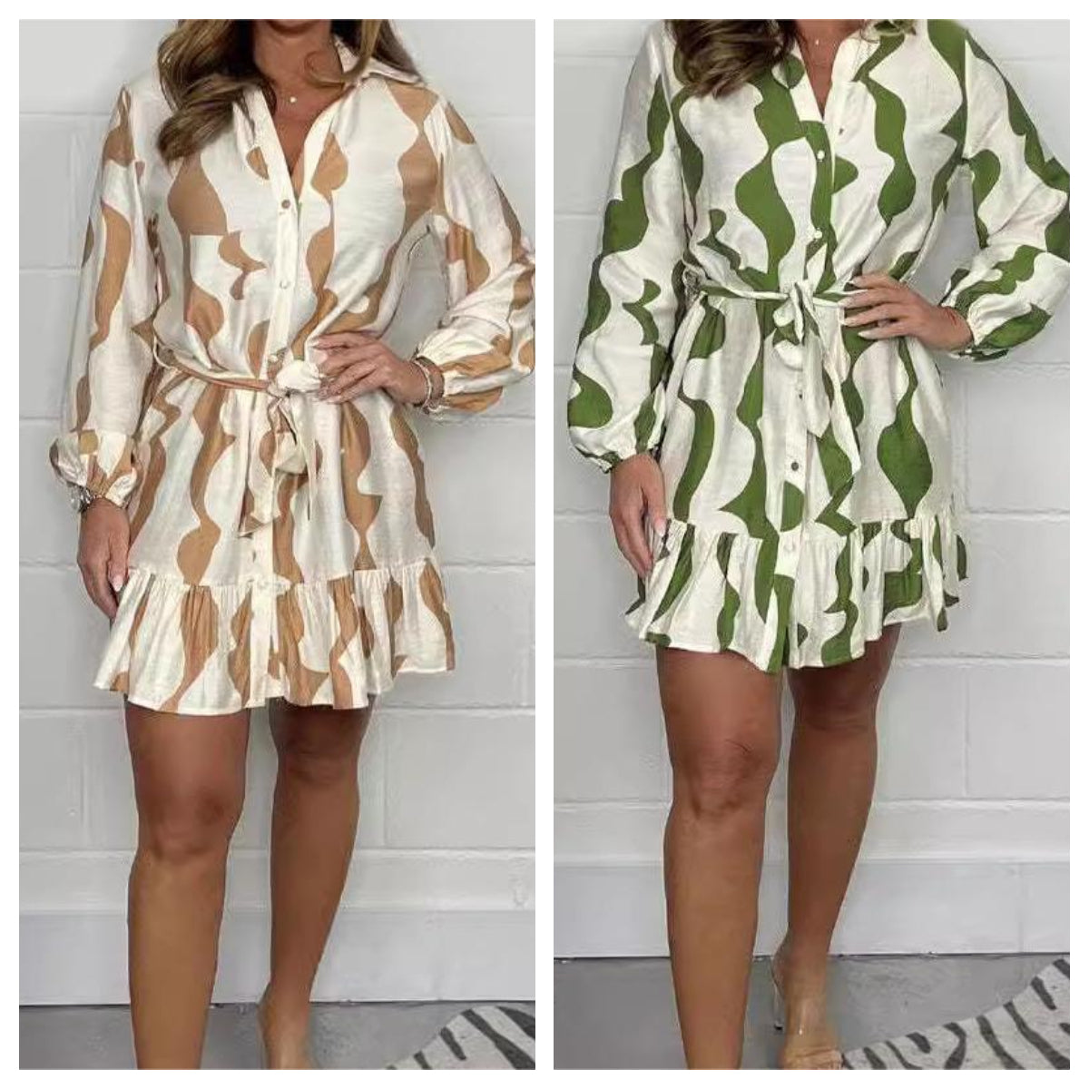 Perlina - Irregular Stripe Shirt Dress with Lapel Collar and Tie Belt