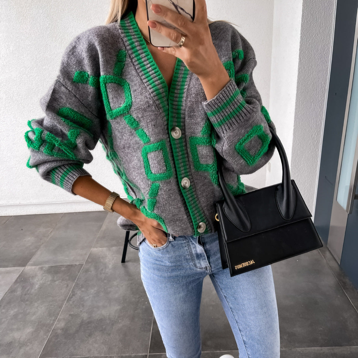 Aliza - V-Neck Contrast Knit Cardigan