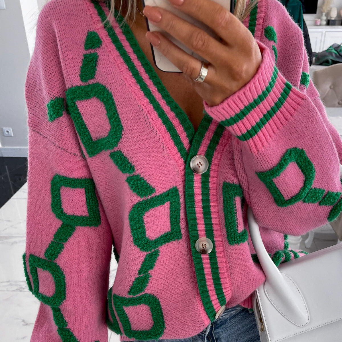 Aliza - V-Neck Contrast Knit Cardigan
