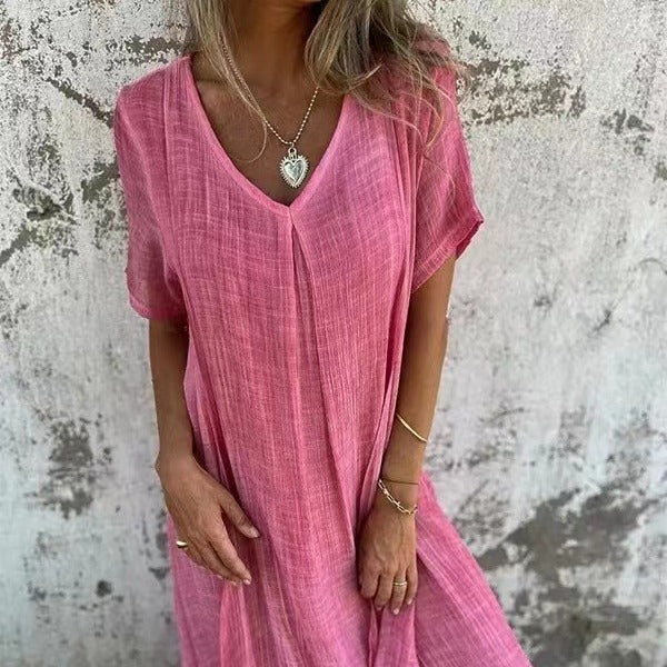 Fiorina - Cotton and Linen V-Neck Ample Dress