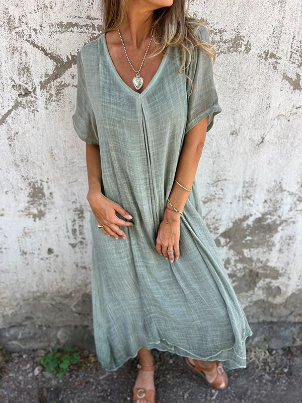 Fiorina - Cotton and Linen V-Neck Ample Dress