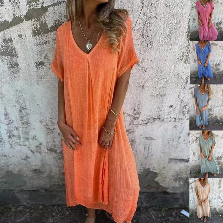 Fiorina - Cotton and Linen V-Neck Ample Dress