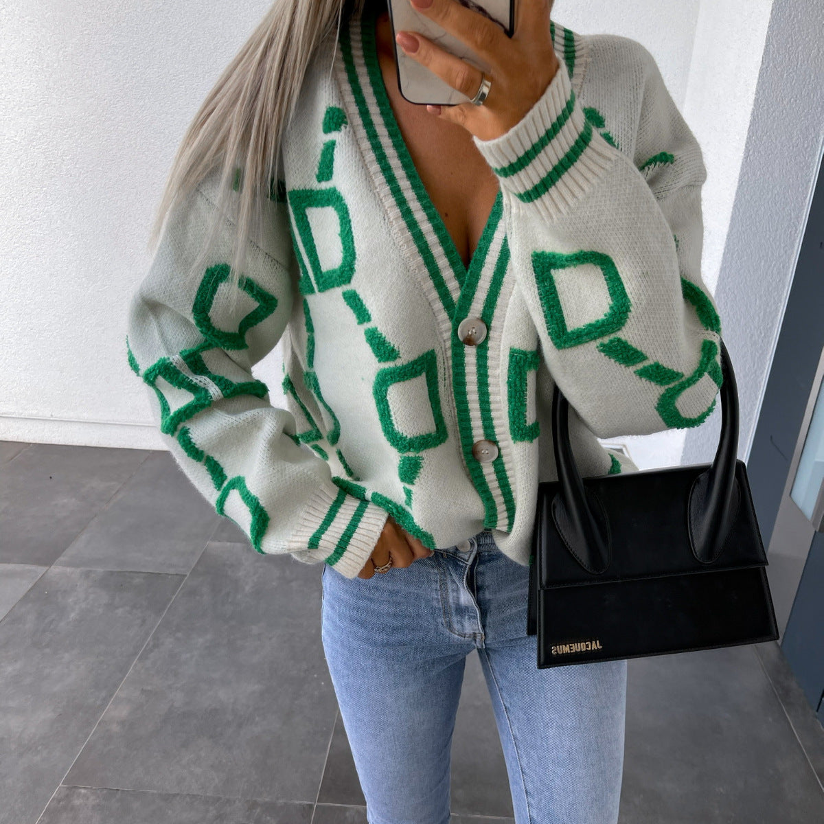 Aliza - V-Neck Contrast Knit Cardigan