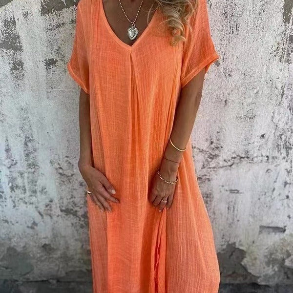 Fiorina - Cotton and Linen V-Neck Ample Dress