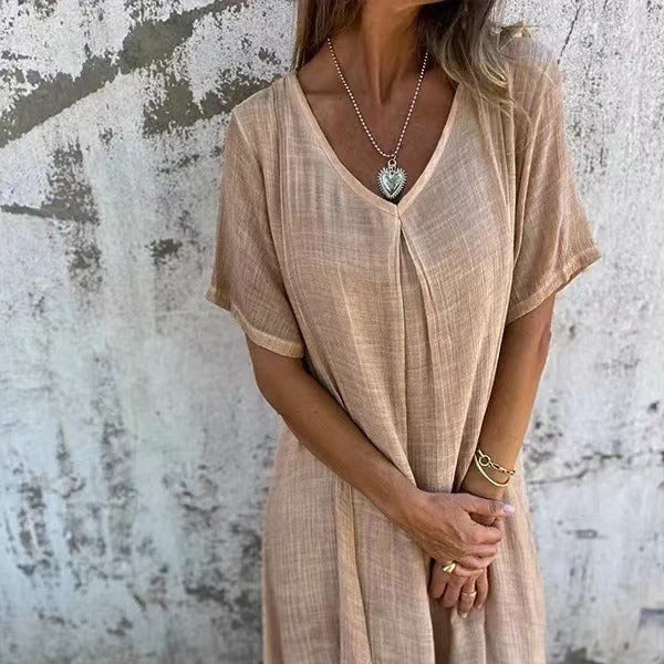 Fiorina - Cotton and Linen V-Neck Ample Dress