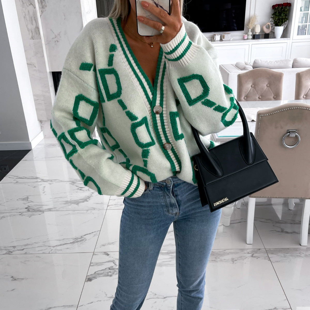 Aliza - V-Neck Contrast Knit Cardigan