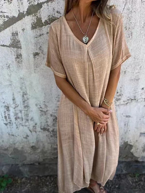 Fiorina - Cotton and Linen V-Neck Ample Dress