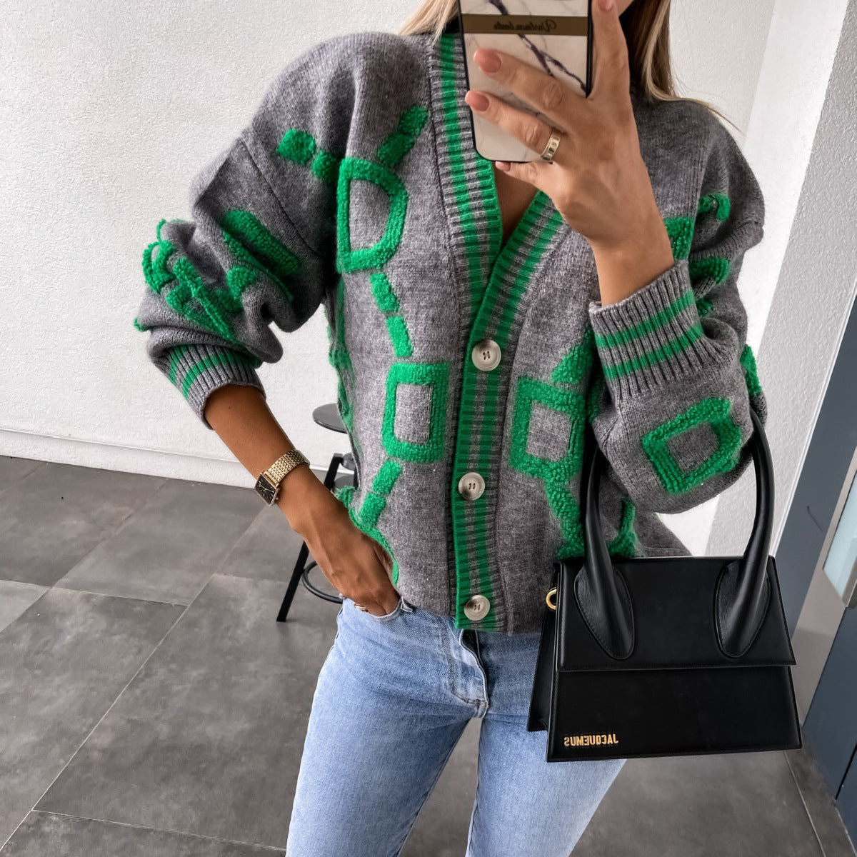 Aliza - V-Neck Contrast Knit Cardigan