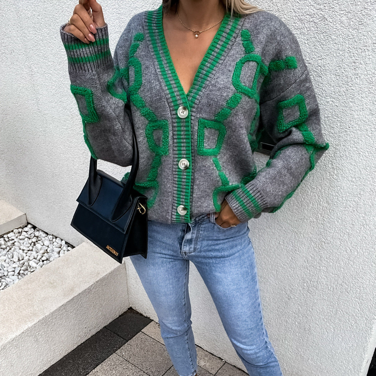 Aliza - V-Neck Contrast Knit Cardigan