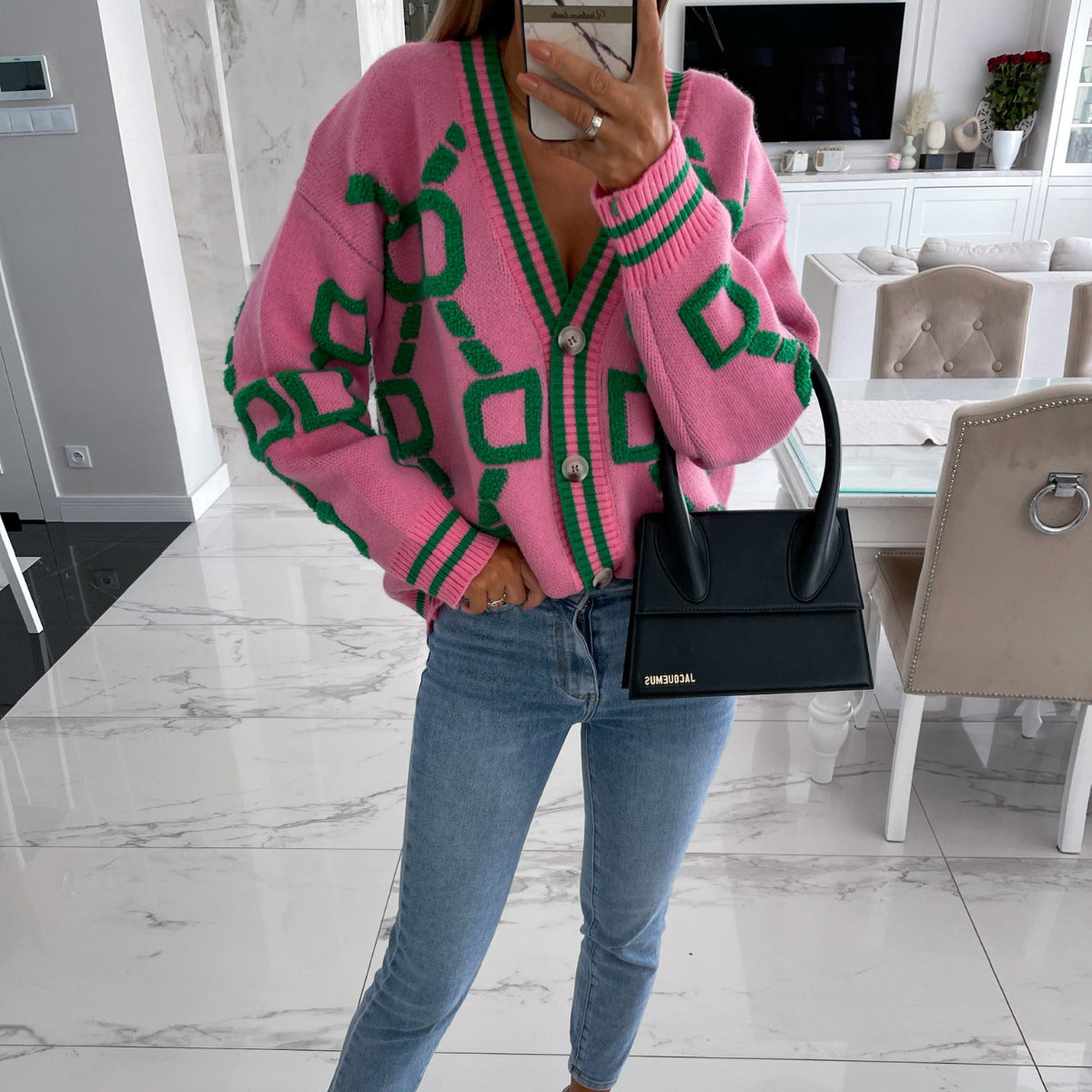 Aliza - V-Neck Contrast Knit Cardigan