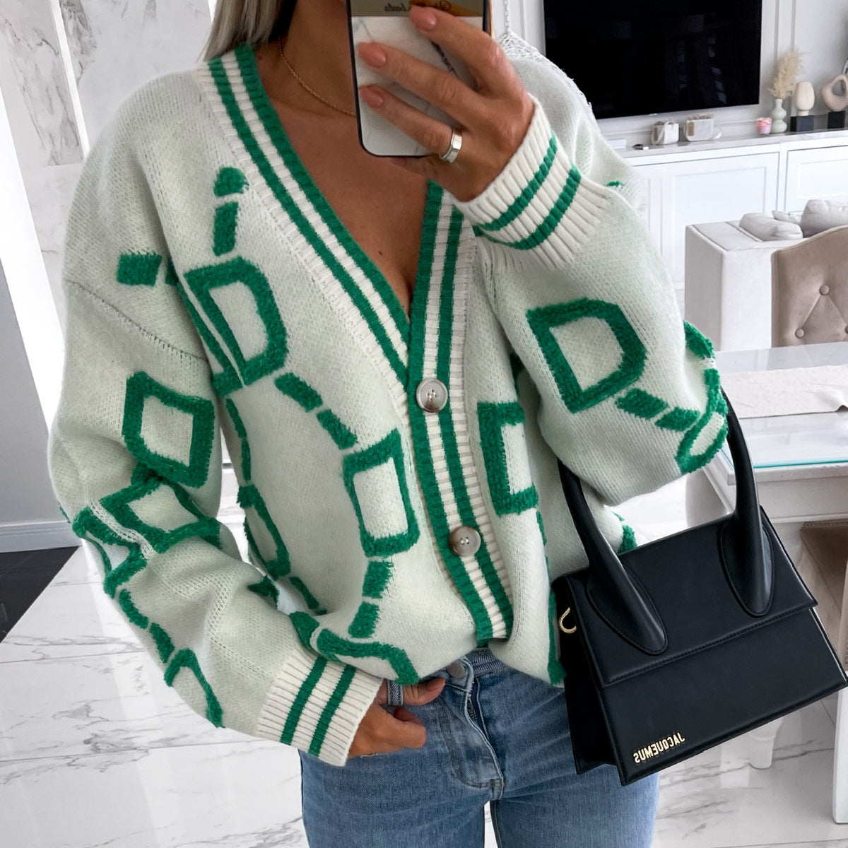 Aliza - V-Neck Contrast Knit Cardigan