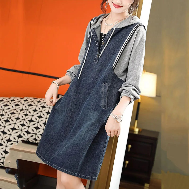 Isavellea - Denim Patchwork Hoodie Dress
