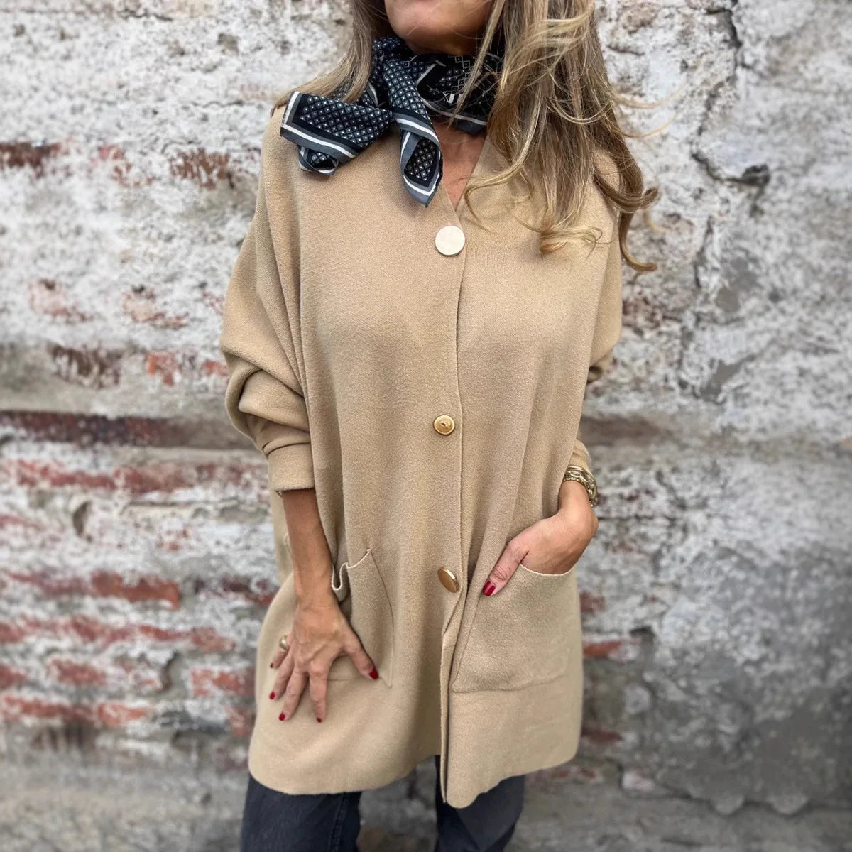 Giselora - Thick Knit Cardigan with Gold Buttons and Front Pockets