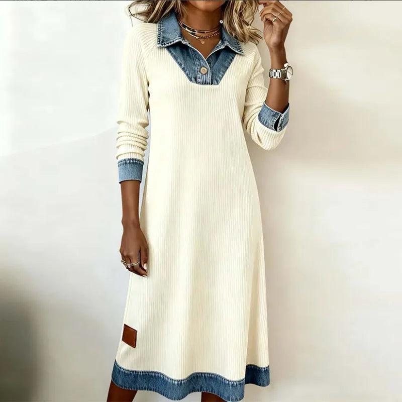 Helirra - Elegant Long Shirt Collar Patchwork Dress – Casual Autumn Style