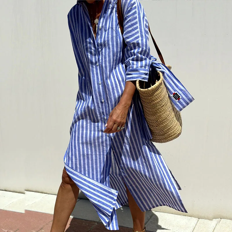Alba™ - Elegant Striped Shirt Dress