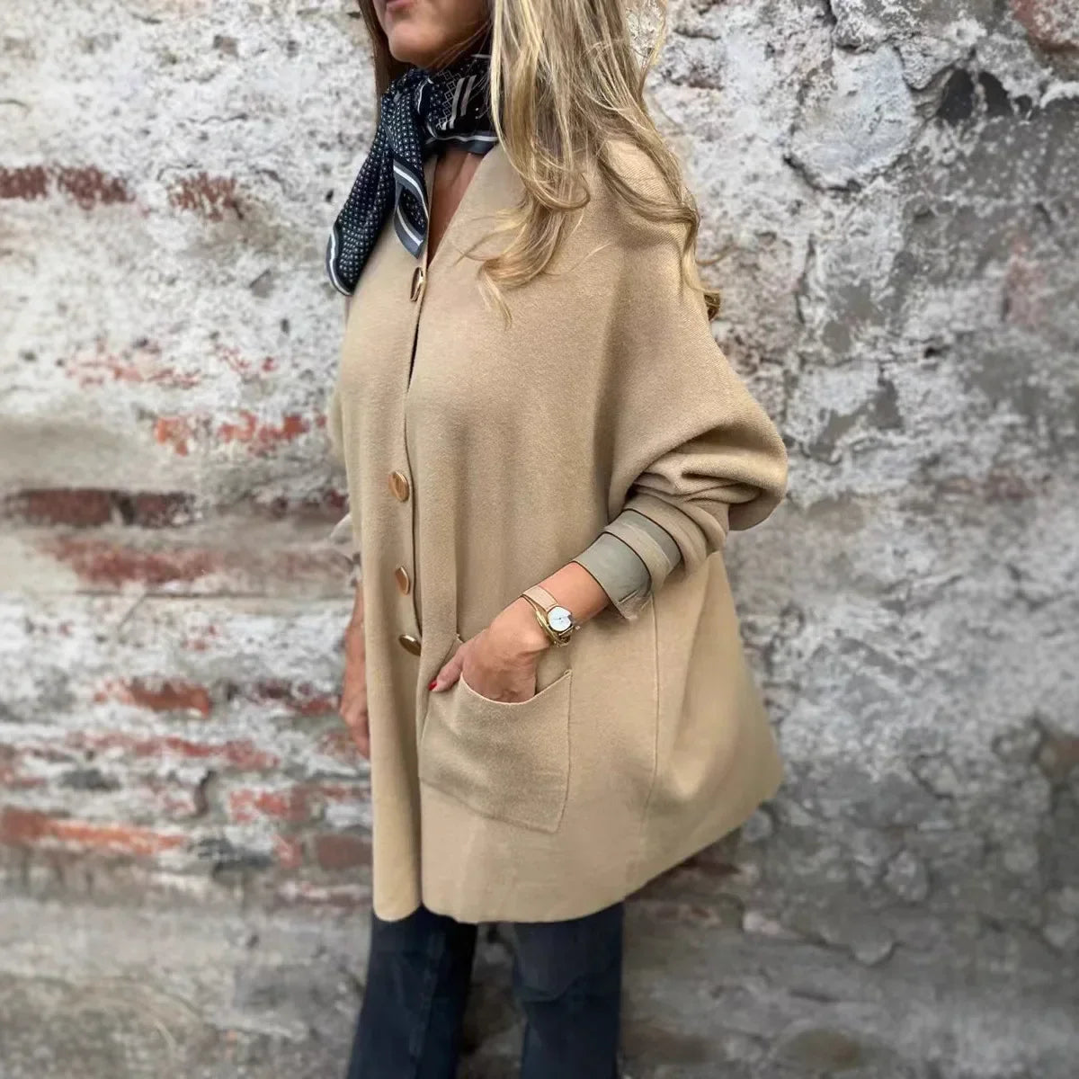 Giselora - Thick Knit Cardigan with Gold Buttons and Front Pockets