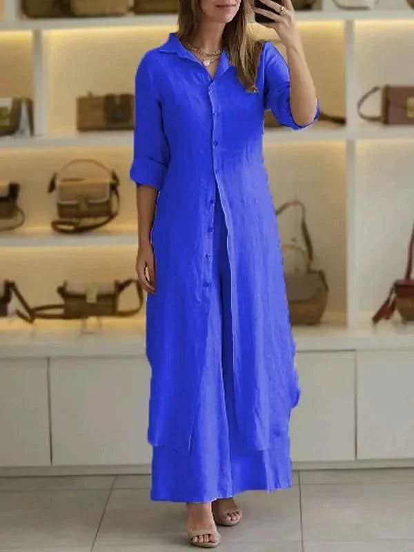 Bresina - Elegant linen ensemble featuring a long shirt dress and flowing pants