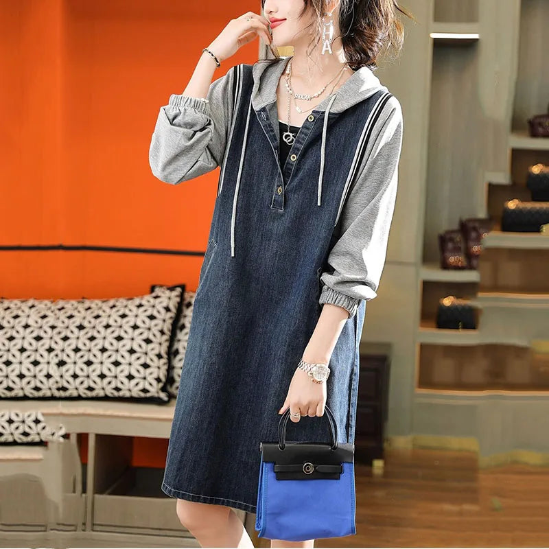 Isavellea - Denim Patchwork Hoodie Dress