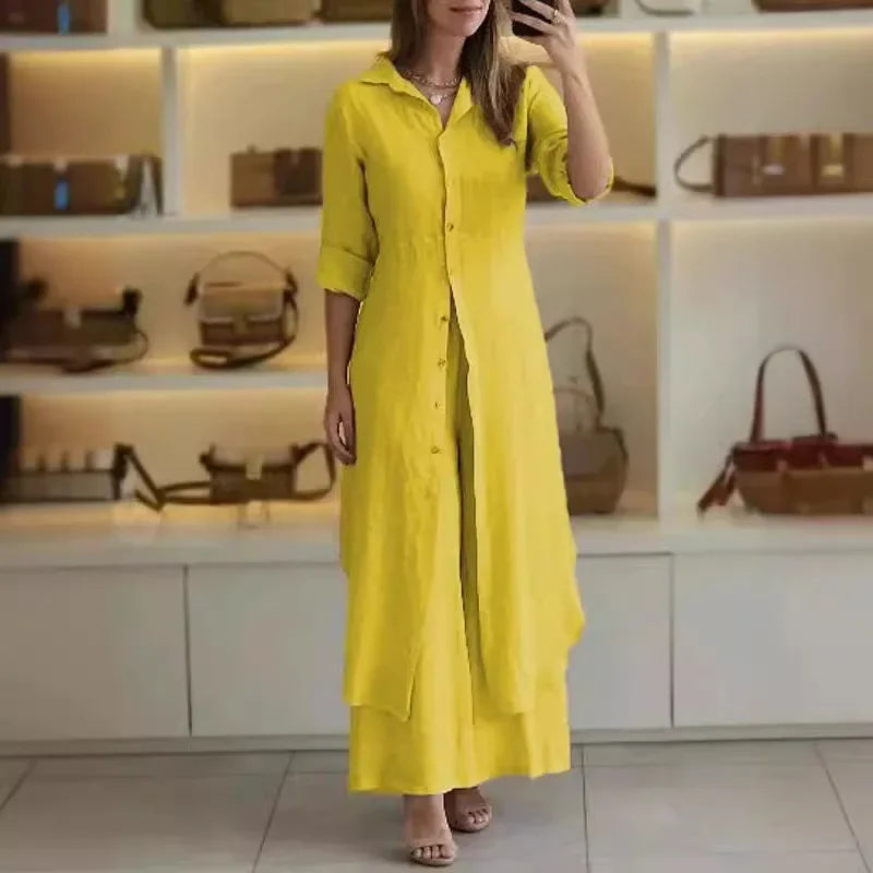 Bresina - Elegant linen ensemble featuring a long shirt dress and flowing pants
