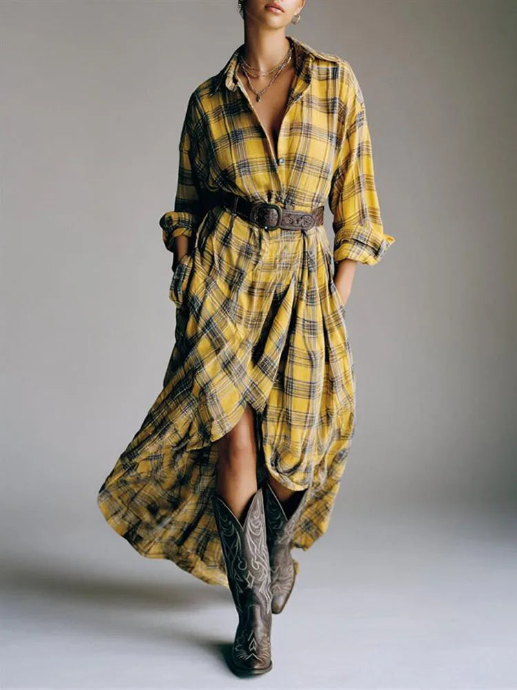 Kaenira - Elegant Checked Dress with Long Sleeves