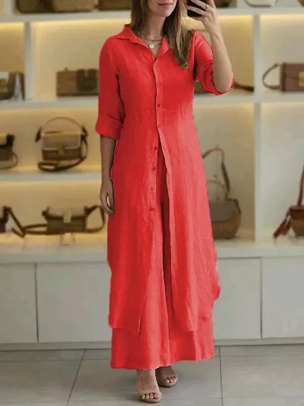 Bresina - Elegant linen ensemble featuring a long shirt dress and flowing pants