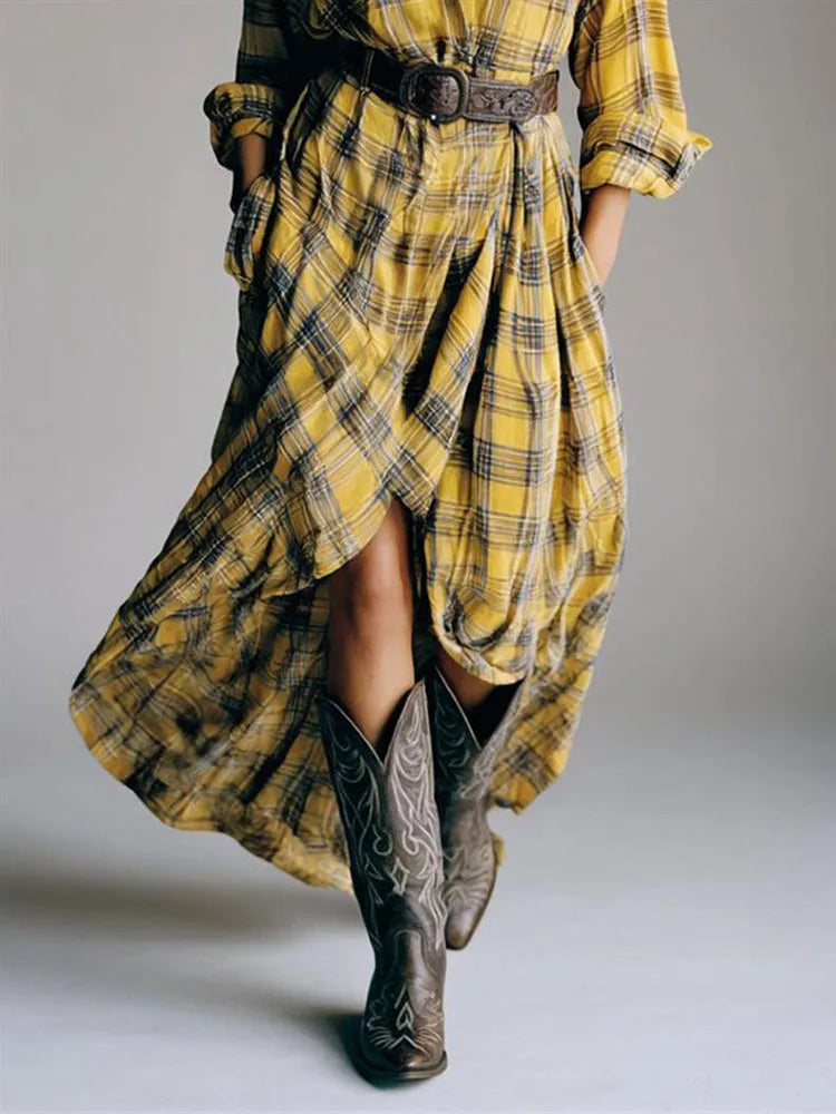 Kaenira - Elegant Checked Dress with Long Sleeves