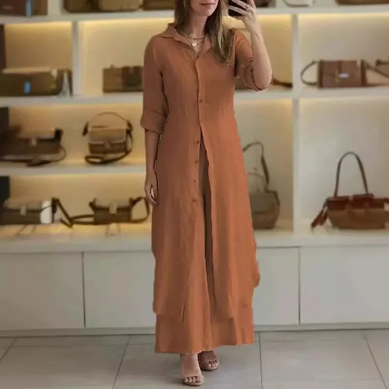 Bresina - Elegant linen ensemble featuring a long shirt dress and flowing pants