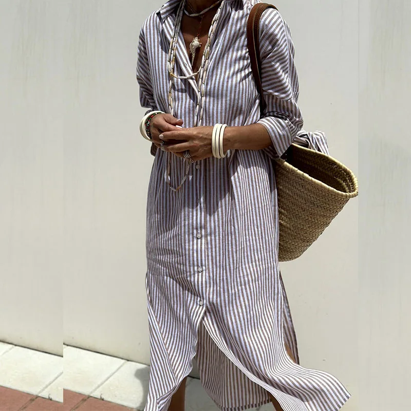 Alba™ - Elegant Striped Shirt Dress