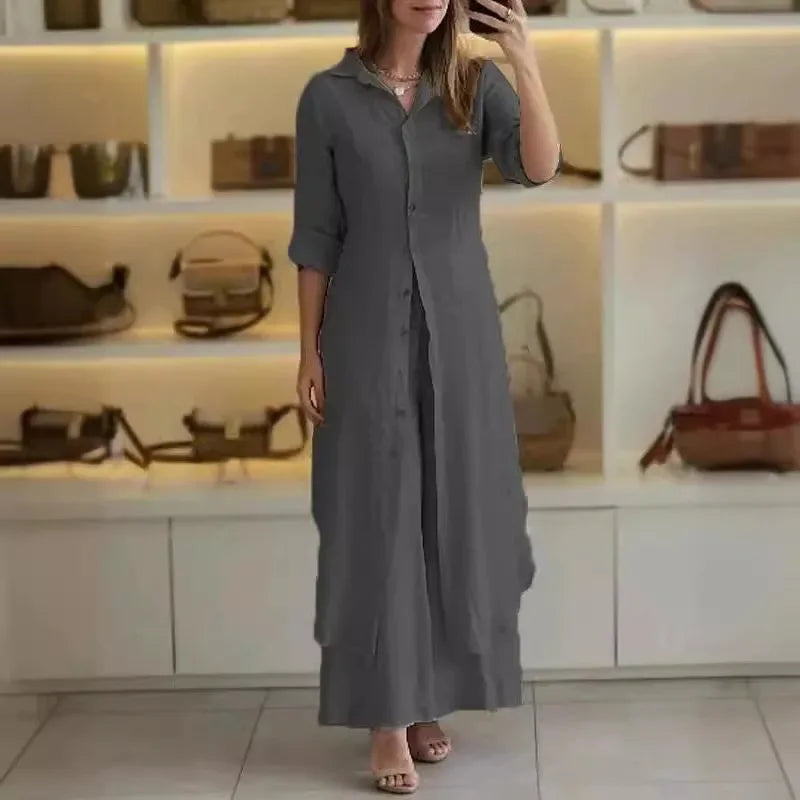 Bresina - Elegant linen ensemble featuring a long shirt dress and flowing pants