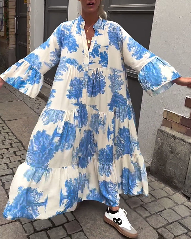Greta - Ample Patchwork Dress with V-Neck and Printed Bell Sleeves
