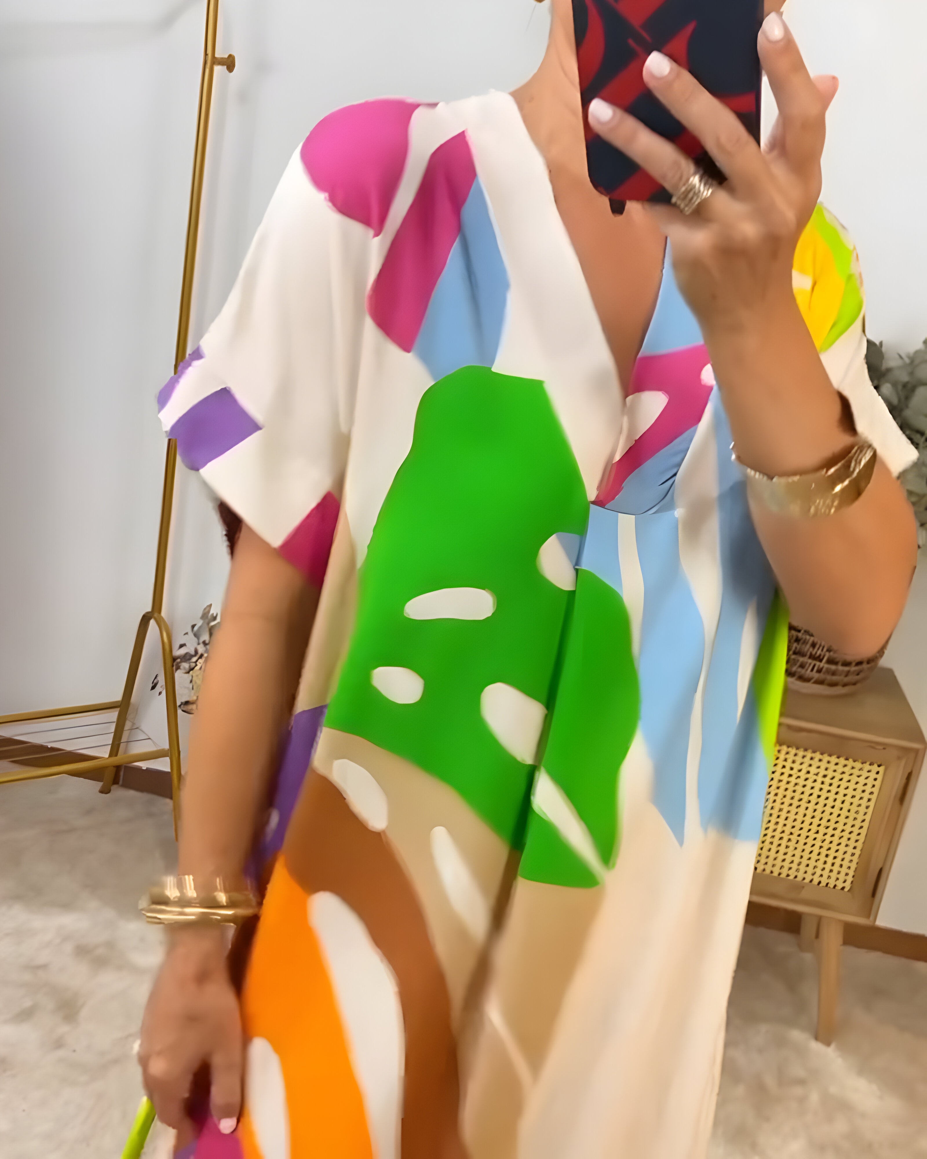 Nerissa - Colorful Leaf Print Casual Dress for Fresh, Natural Style