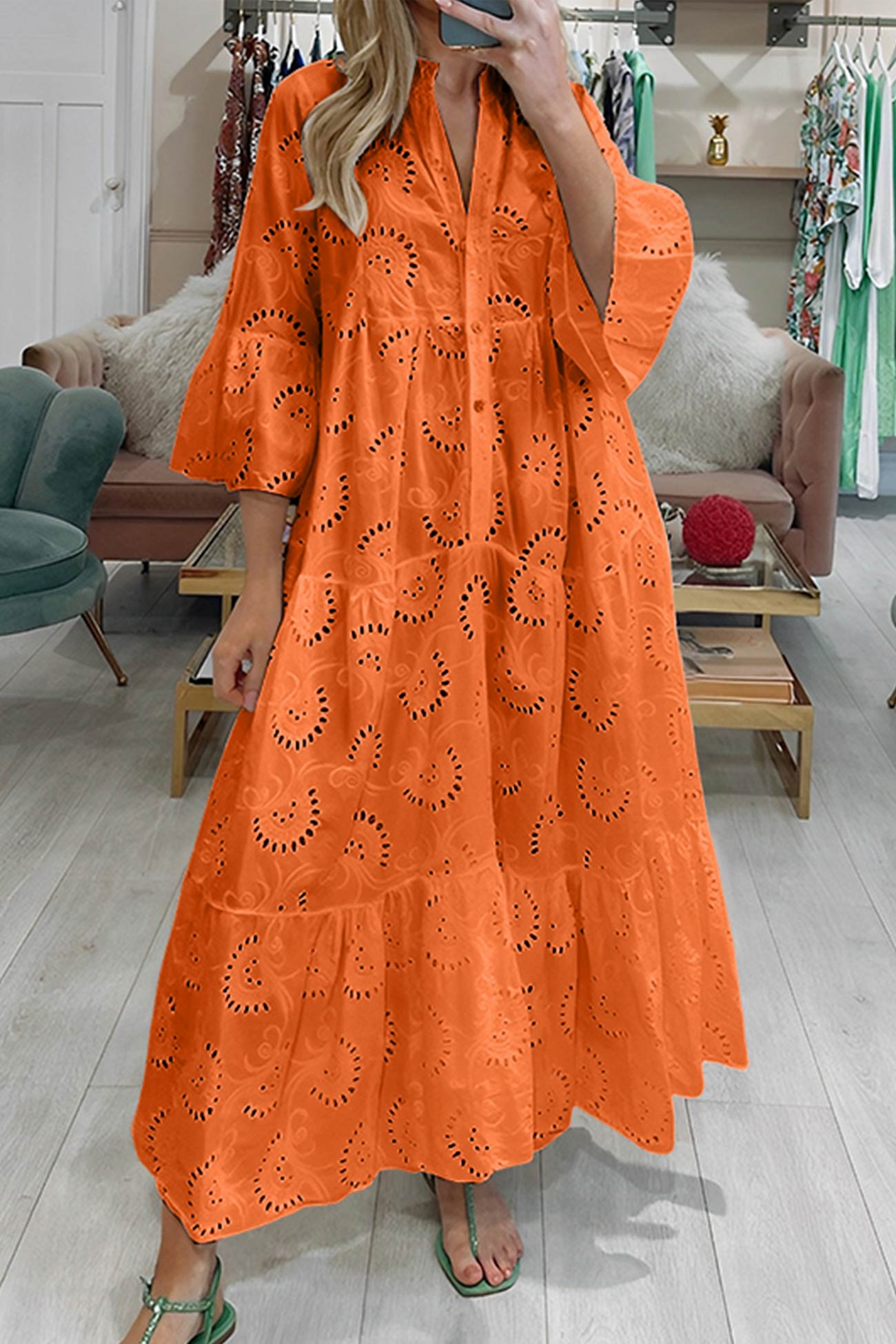 Noa - Cotton Dress with Embroidered Sleeves and V-Neckline