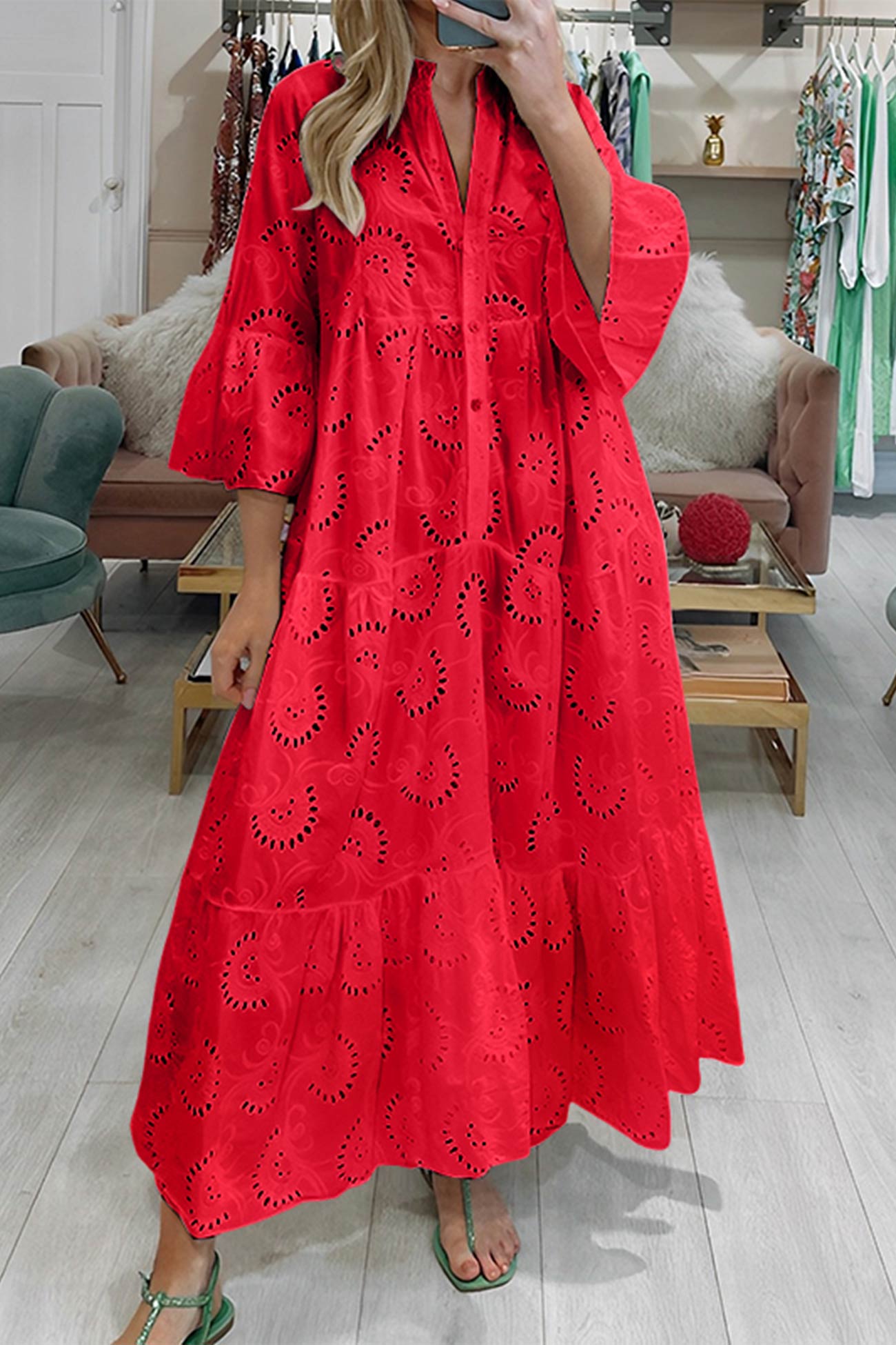 Noa - Cotton Dress with Embroidered Sleeves and V-Neckline