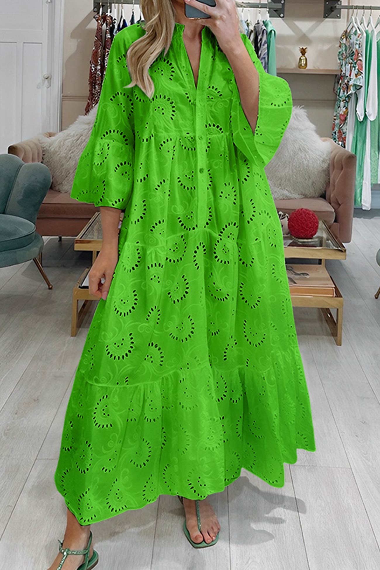 Noa - Cotton Dress with Embroidered Sleeves and V-Neckline