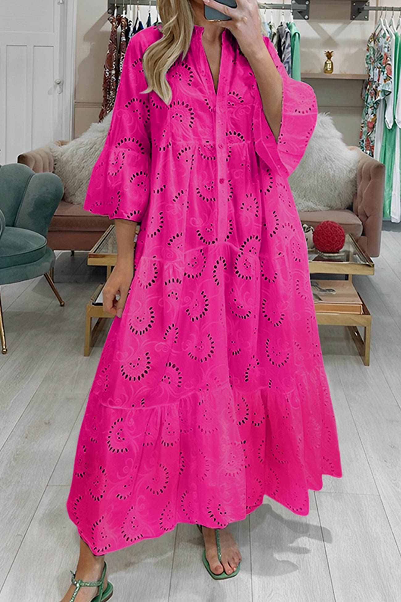 Noa - Cotton Dress with Embroidered Sleeves and V-Neckline