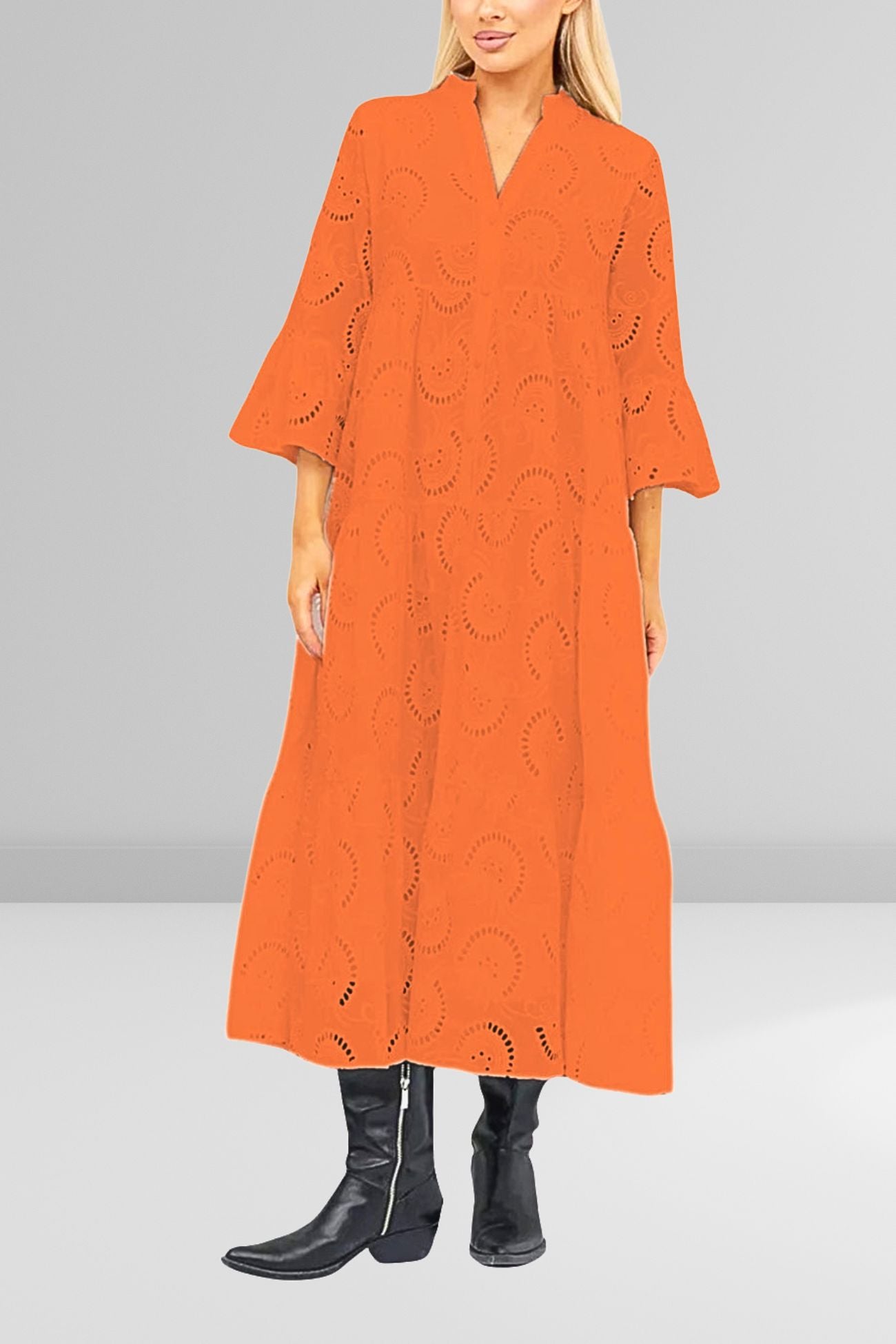 Noa - Cotton Dress with Embroidered Sleeves and V-Neckline