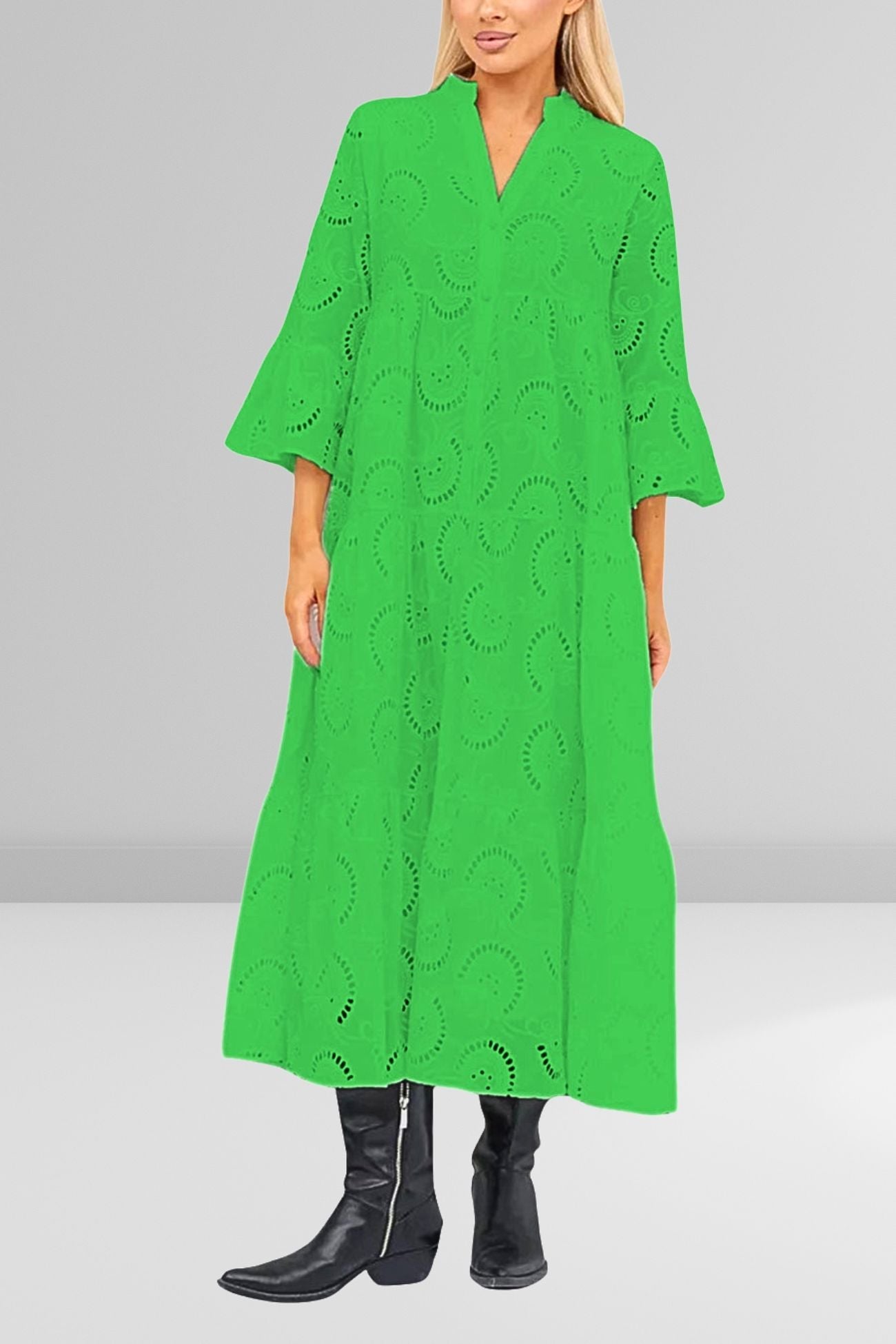 Noa - Cotton Dress with Embroidered Sleeves and V-Neckline