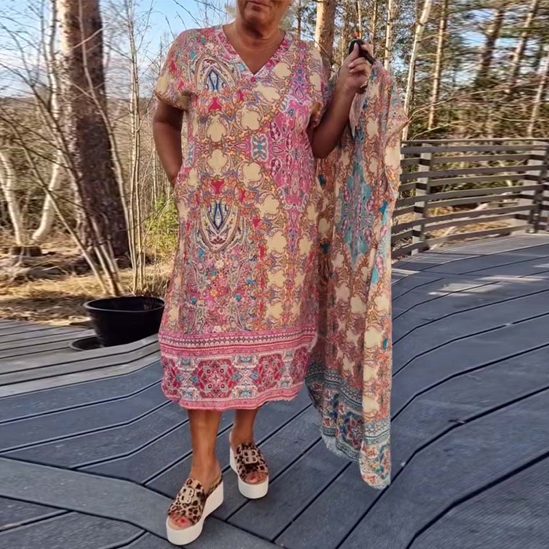 Ailina™ - Printed V-Neck Short Sleeve Straight Dress