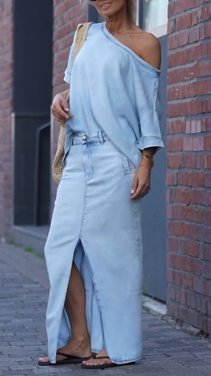 Mireya - Women's Casual Set in Denim Tencel with Round Neckline