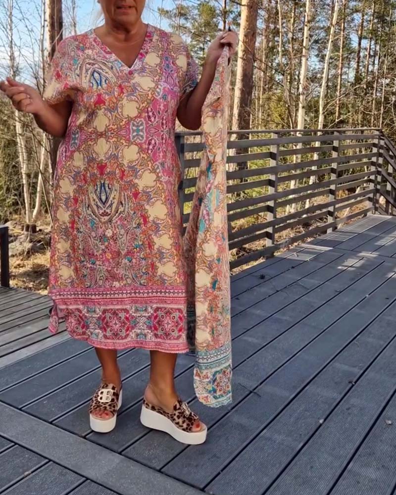 Ailina™ - Printed V-Neck Short Sleeve Straight Dress