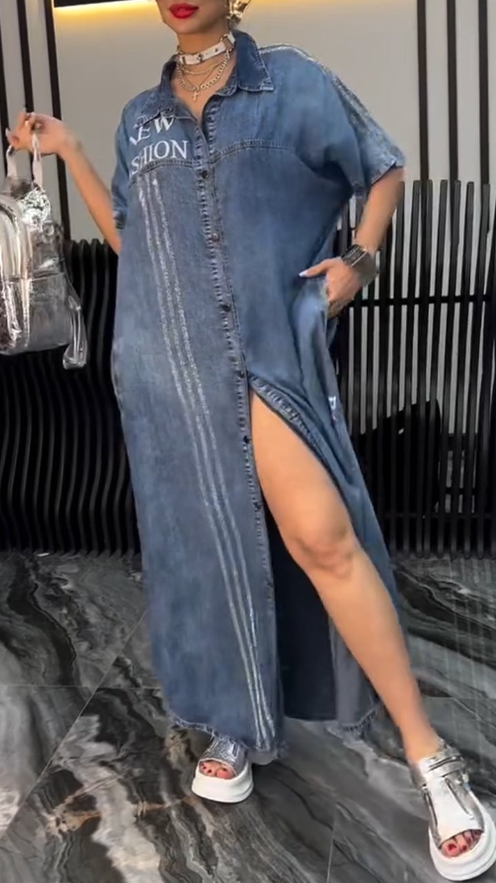 Fiora - Women's Denim Tencel Dress with Lapel