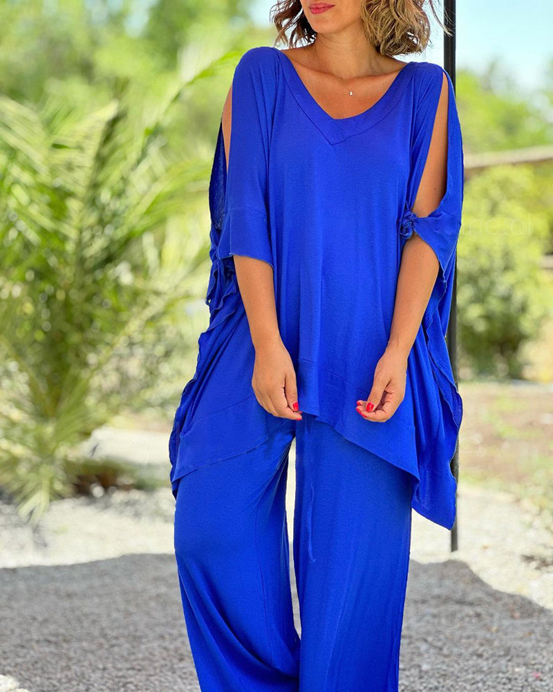 Ginevra - Casual Two Piece Set with V-Neckline and Wide Legs