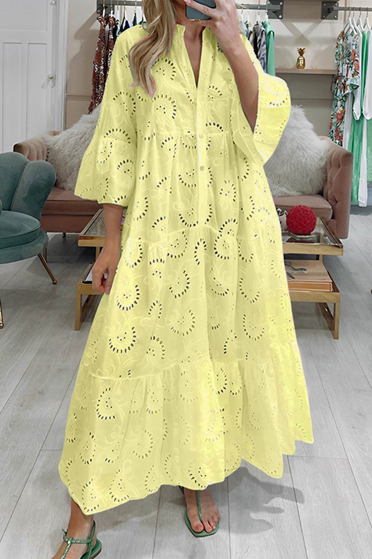Noa - Cotton Dress with Embroidered Sleeves and V-Neckline
