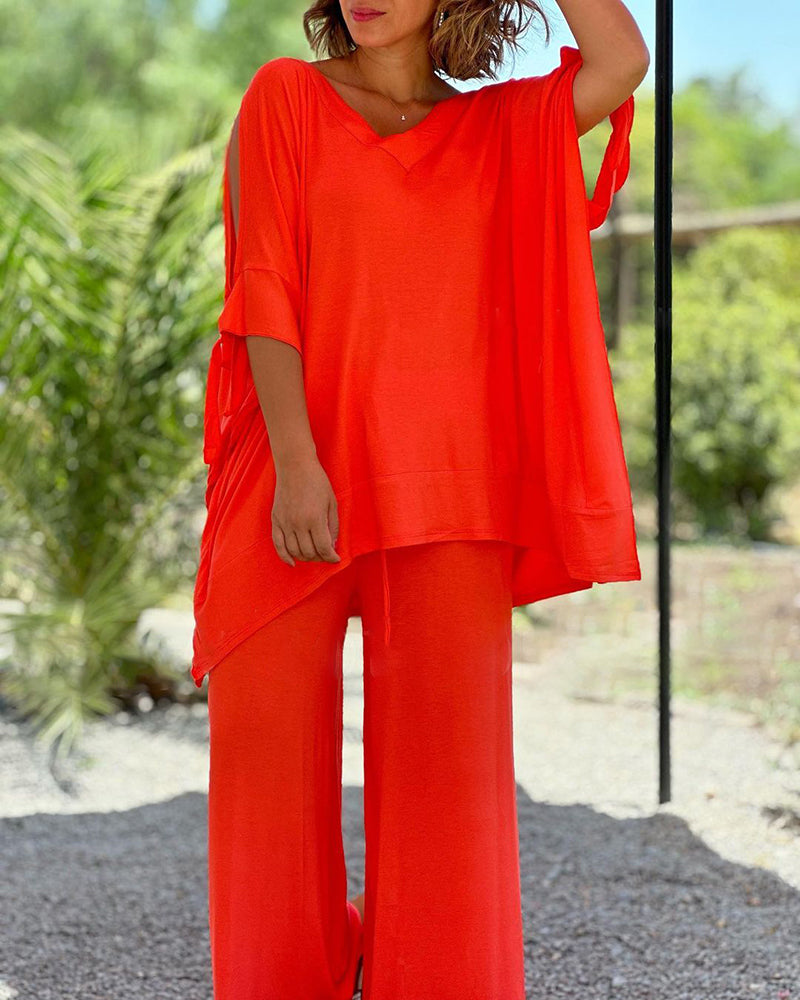 Ginevra - Casual Two Piece Set with V-Neckline and Wide Legs
