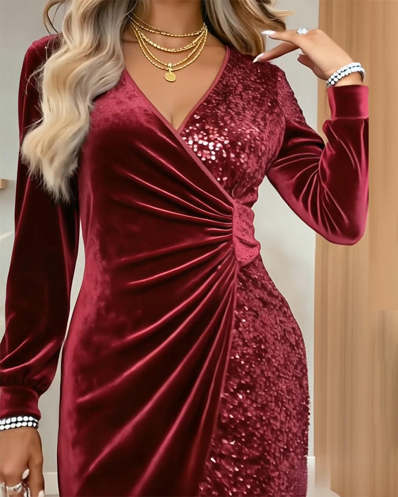 Fayriona - Sexy Velvet Plunge Neck Dress with Sequins