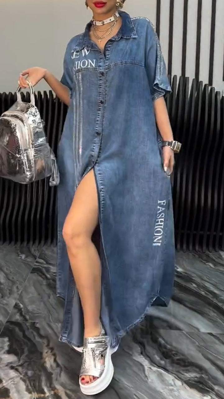 Fiora - Women's Denim Tencel Dress with Lapel