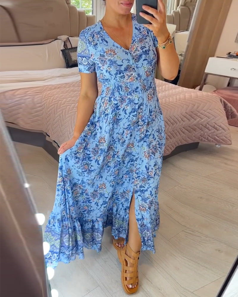 Denise - V-neck Floral Print Maxi Dress