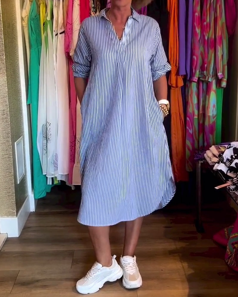 Cato - Striped Lapel Shirt Dress